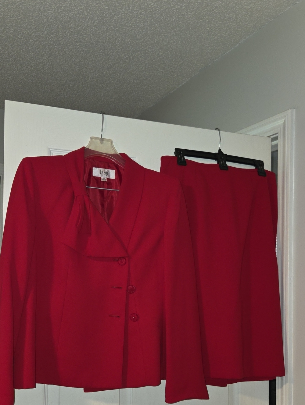 Le Suit Women's Red Skirt Suit with Bow Detail